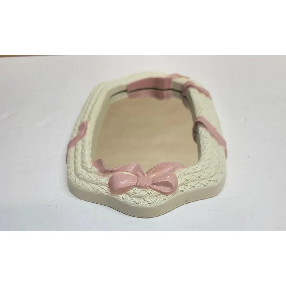 Vtg Burwood Wicker Style Wall Decor Set 6pc White w/Pink Bow Mirror Shelf Hearts